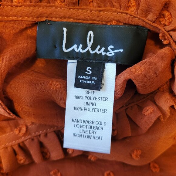 Lulu's Dreaming of You Rust Orange Swiss Dot Midi Dress - Picture 6 of 7